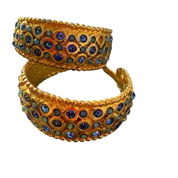 Sorrelli Gold and Blue Crystal Mosaic Hoop Earrings - Picture 1 of 8